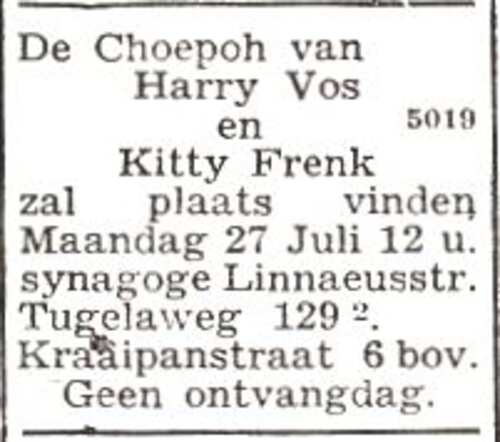 Aankondiging van de huwelijksinzegening van Hartog Vos en Kitty Frenk