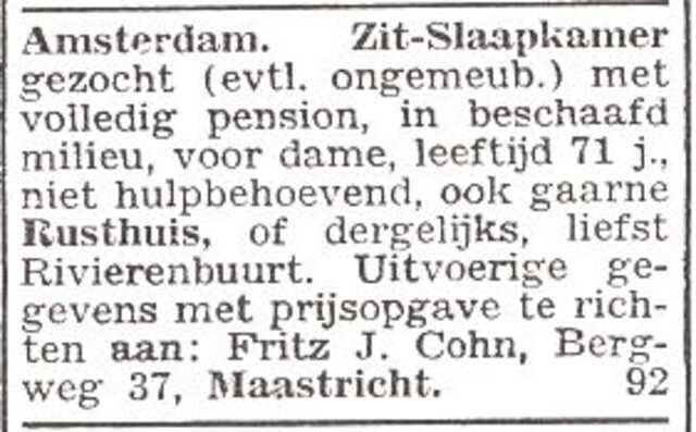 Advertentie ten behoeve van mw. Hedwig Cohn-Biesenthal