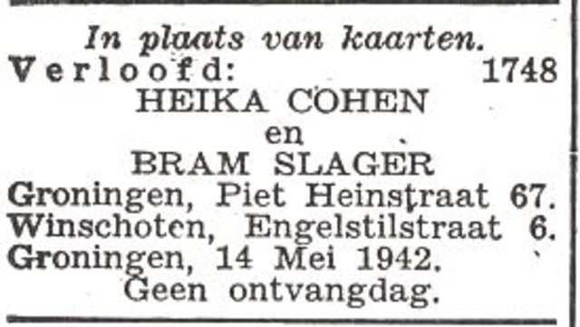 Vermelding van de verloving van Heika Cohen en Abraham Slager