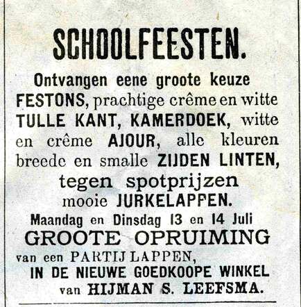Advertentie van Heiman Leefsma op 8 juli 1896