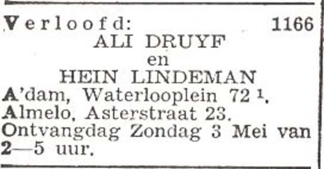 Vermelding van de verloving van Alida Druyf en Hein Lindeman