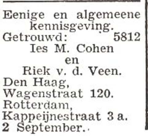 Bekendmaking van het huwelijk van Heinrica van der Veen en Isaac Maurits Cohen