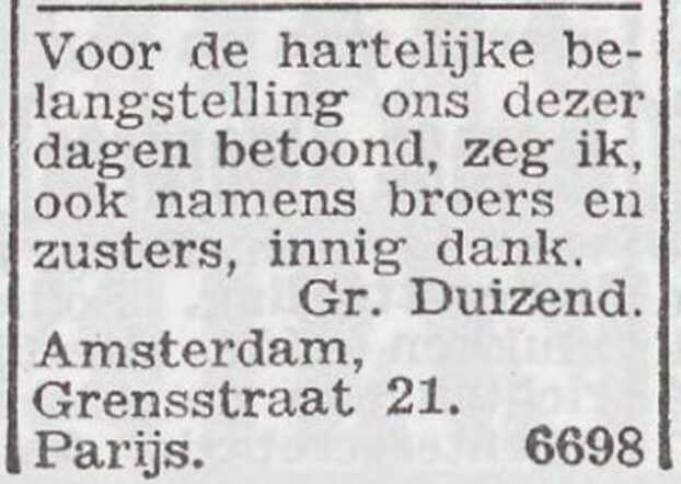Dankbetuiging van Grietje Duizend