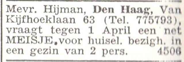 Advertentie van mw. Heintje Hijman-Frenk