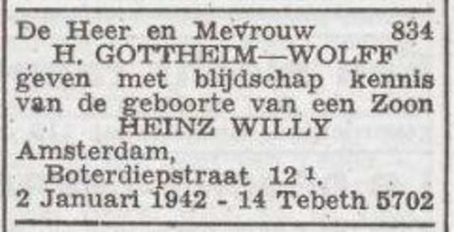 Aankondiging van de geboorte van Heinz Wilhelm Gottheim