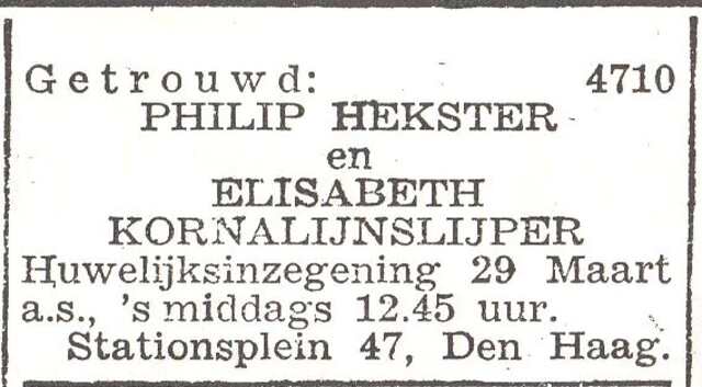 Aankondiging van de huwelijksinzegening van Philip Hekster en Elisabeth Kornalijnslijper