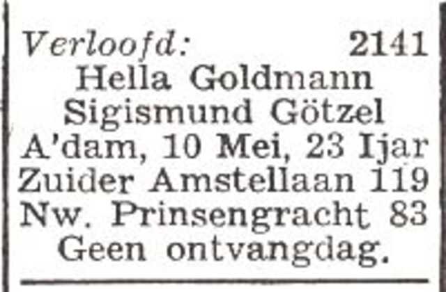 Vermelding van de verloving van Chaja Mirel (Hella) Goldmann en Sigismund Götzel