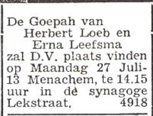 Aankondiging van de huwelijksinzegening van Herbert Loeb en Esperance Nanette Leefsma