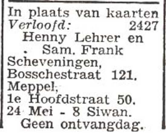 Vermelding van de verloving van Sara Hena Lehrer en Samson Frank