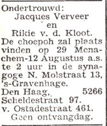 Aankondiging van de huwelijksinzegening van Henderika van der Kloot en Jacob Verveer