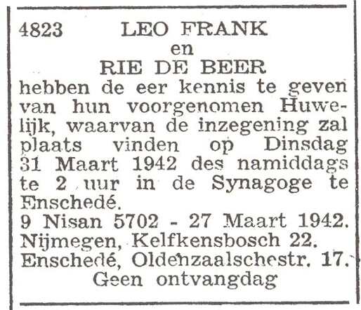 Aankondiging van de huwelijksinzegening van Lehman Frank en Hendrika de Beer