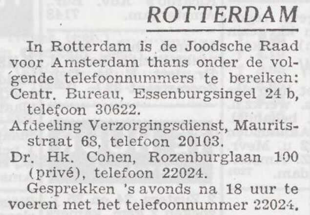 Mededeling van de Joodse Raad voor Amsterdam te Rotterdam