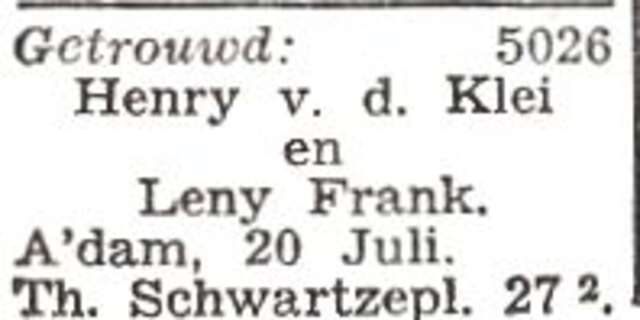 Bekendmaking van het huwelijk van Jozef Henry van der Klei en Leny Frank