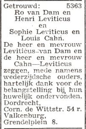 Bekendmaking van het huwelijk van Sophia Rosette Leviticus en Louis Cahn