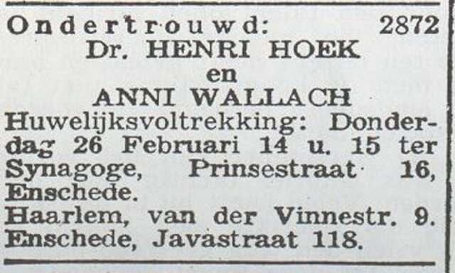 Bekendmaking van ondertrouw van Henri Hoek