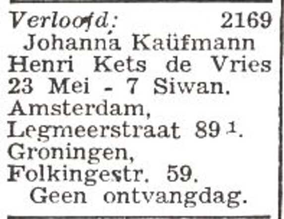 Vermelding van de verloving van Henri Kets de Vries en Johanna Kaufmann