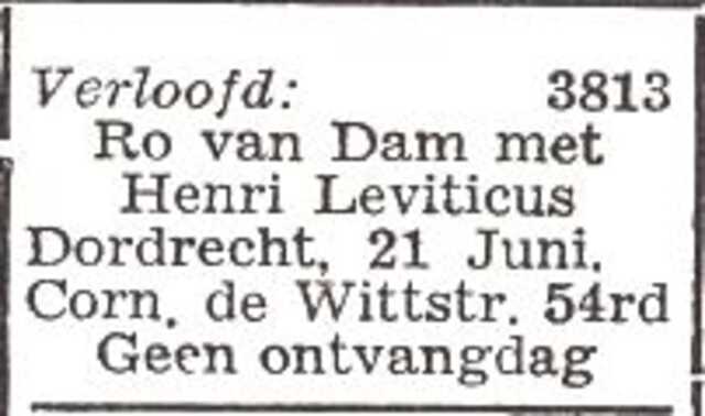 Vermelding van de verloving van Henri Leviticus en Ro van Dam