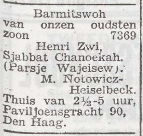 Aankondiging van de bar mitswa van Henri Zwi Notowicz