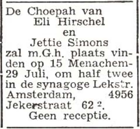 Aankondiging van de huwelijksinzegening van Eli Hirschel en Henriette Simons