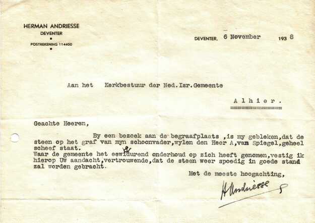 brief Herman Andriesse aan kerkbestuur Deventer 1938