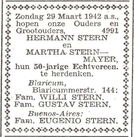 Aankondiging van de viering van het 50-jarig huwelijksjubileum van Hermann Stern en Martha Stern-Mayer