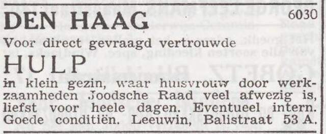 Advertentie van Hermine Mathilde Lewin-de Haas