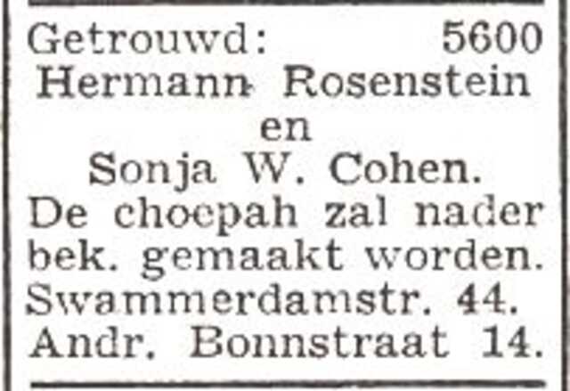 Bekendmaking van het huwelijk van Hermann Rosenstein en Sonja Cohen