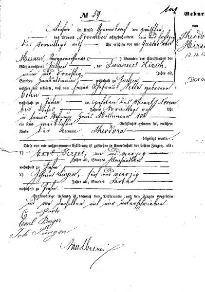 Hertz, Dora, geborene Hirsch Scan v Geburtsurkunde