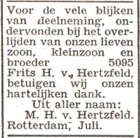 Dankbetuiging van de familie van Hertzfeld