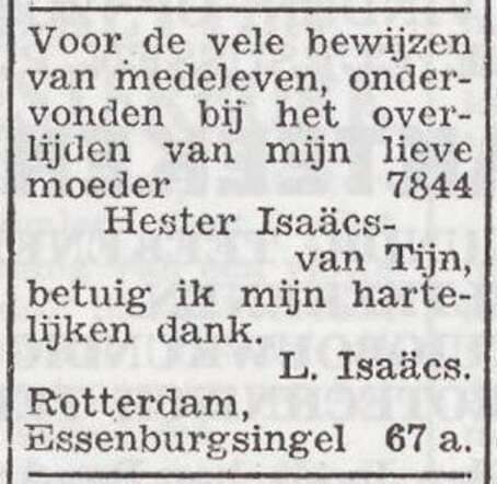 Dankbetuiging van Leentje Isaäcs