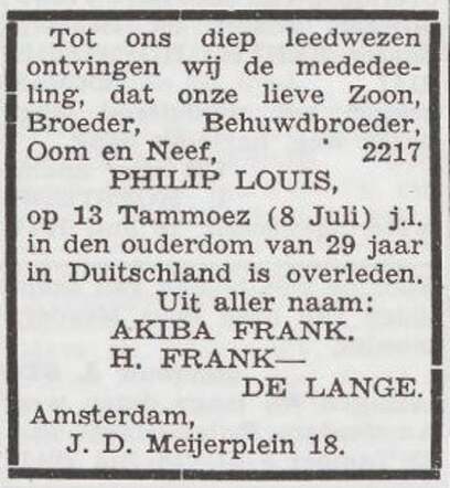 Het Joodsche Weekblad, uitgave Joodschen Raad voor Amsterdam, 18 juli 1941, dageditie, pag. 11. Overlijdensbericht Philip Louis Frank.
