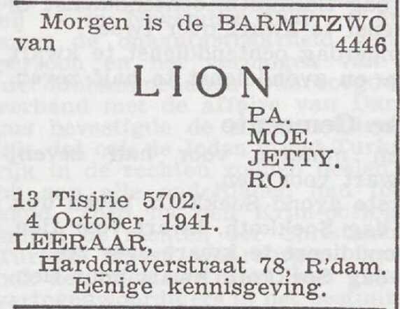 Het Joodsche Weekblad Uitgave van den Joodschen Raad voor Amsterdam 3 oktober 1941, dag, pag. 8. Adv. Bar Mitswah Lion Leeraar.