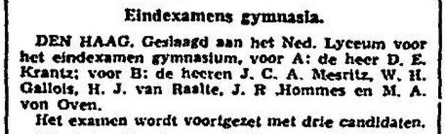 Het Vaderland, 11 juni 1936, pag. 3. Eindexamen gymn. Jean Claire Adrien Mesritz.