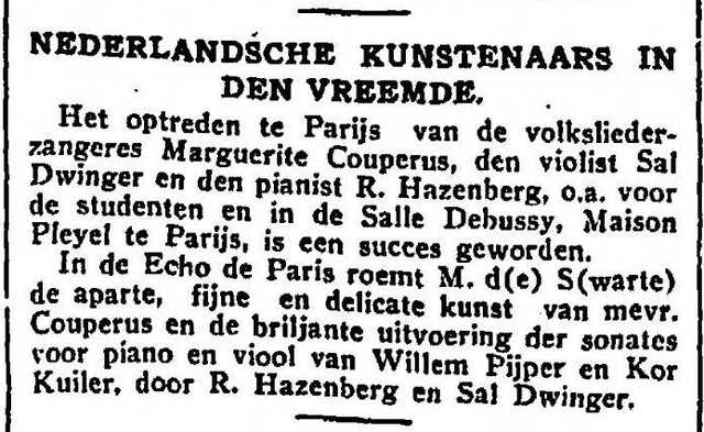 Het Vaderland, 21 november 1932, dag, pag. 13. Optreden in Parijs van Salomon (Sal) Dwinger.