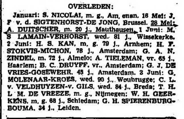 Het Vaderland, 6 juni 1941, ocht, pag. 4. Overlijdensbericht Abraham André (André) Duitscher.