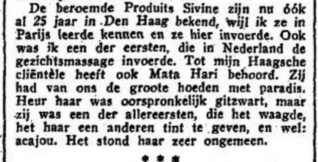 Het Vaderland staat en letterkundig nieuwsblad 12 september 1933, avond, pag. 2.  Louis Zeldenrust over Mata Hari.