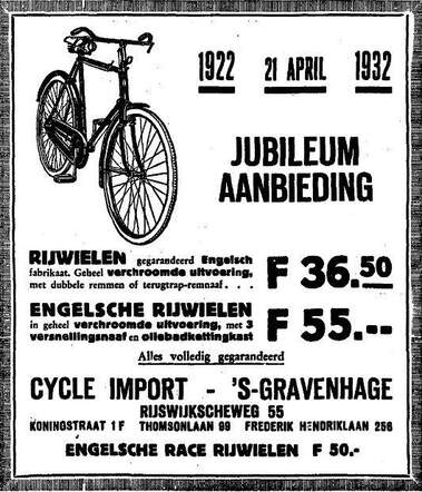 Het Vaderland staat- en letterkundig nieuwsblad, 19 april 1932, avond, pag. 8. Advertentie Cycle Import.