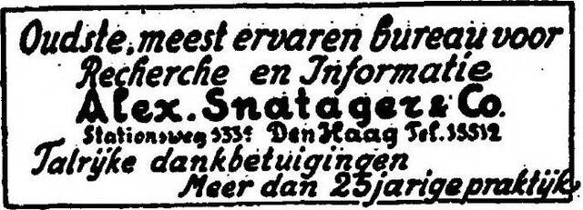 Het Vaderland staat- en letterkundig nieuwsblad 3 februari 1930, dag,  pag. 4. Adv. Alexander Snatager & Co.