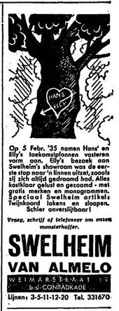 Het Vaderland staat- en letterkundig nieuwsblad 6 maart 1935, avond, pag. 4. Adv. Swelheim's linnenindustrie te Almelo.