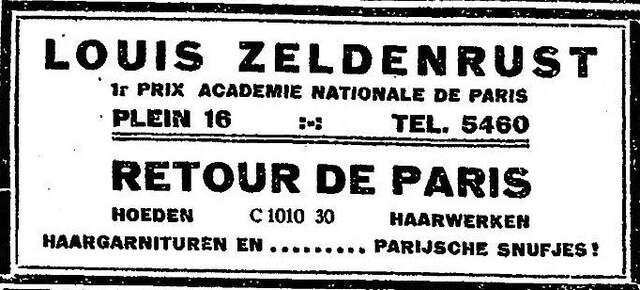 Het Vaderland staat- en letterkundig nieuwsblad 9 maart 1923, avond, pag. 8. Advertentie Louis Zeldenrust.