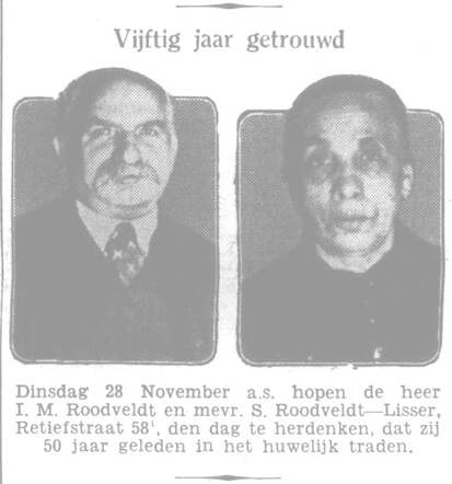 Het Volk 25 november 1933, avond, pag. 11. Echtpaar I.M.Roodveldt-Lisser 50 jaar getrouwd.