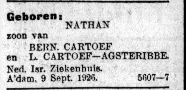 Het Volk dagblad voor de arbeiderspartij  10 september 1926, pag. 7. Geboorteadvertentie Nathan Cartoef.