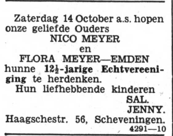 Het Volk dagblad voor de arbeiderspartij 11 oktober 1933, avond, pag. 4. Adv. huwelijksjubileum gezin Nico Meijer-Emden.