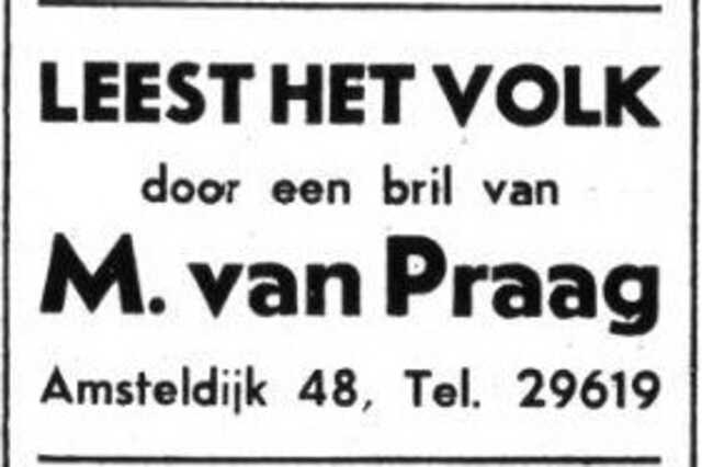Het Volk dagblad voor de arbeiderspartij  12 februari 1940, avond, pag. 16. Adv. Maurits van Praag.