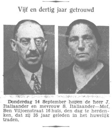 Het Volk dagblad voor de arbeiderspartij,13 september 1933,  avond, pag. 9. J. Italiaander en S. Italiaander-Mof 35 jaar getrouwd.