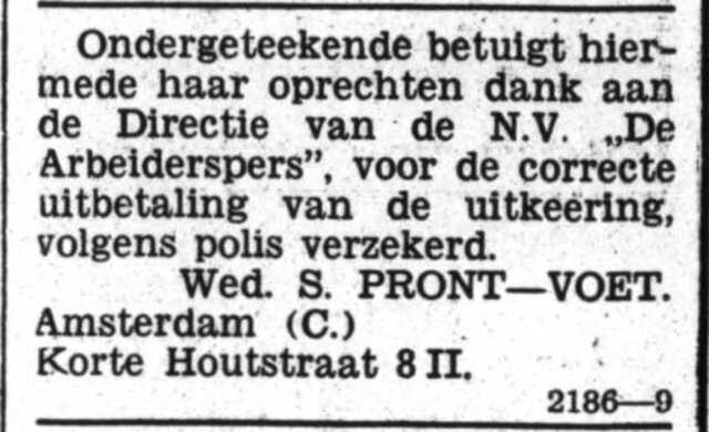 Het Volk dagblad voor de arbeiderspartij  19 april 1933, avond, pag.4. Dankadvertentie Leentje Pront-Voet.