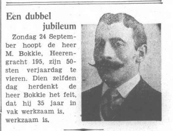 Het Volk dagblad voor de arbeiderspartij  19 september 1933, pag. 9. Dubbel jubileum Mozes Bokkie.
