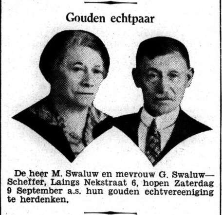 Het Volk dagblad voor de arbeiderspartij  1 september 1933, avond, pag. 9. 1 september 1933, avond, pag. 9.  Gouden echtpaar Mozes Swaluw en Grietje Swaluw-Scheffer.