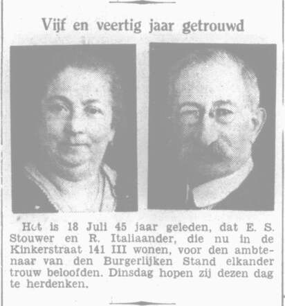 Het Volk dagblad voor de arbeiderspartij 14 juli 1933, avond, <strong>pag</strong>. 9. Echtpaar E.S. Stouwer-Italiaander 45 jaar getrouwd.