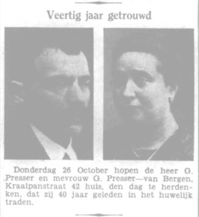 Het Volk dagblad voor de arbeiderspartij  24 oktober 1933, avond, pag. 9. Echtpaar G. Presser-van Bergen - Veertig jaar getrouwd.